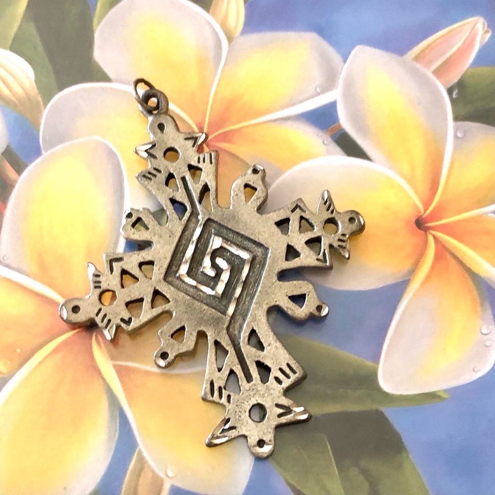 Large Silver Aztec Southwestern Vintage Cross Pendant by MasterWorks